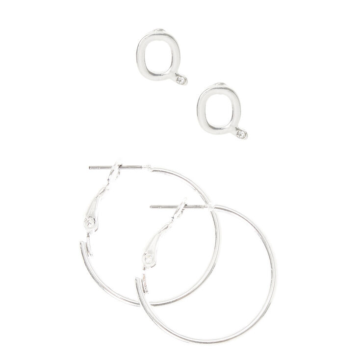 Silver Initial Q Stud and Mini Hoop Earrings,