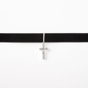 Silver Cross Velvet Choker Necklace - Black,