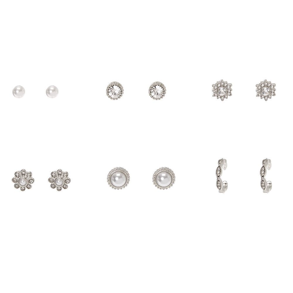 Silver-tone Faux Pearl Fancy Stud Earrings - 6 Pack,