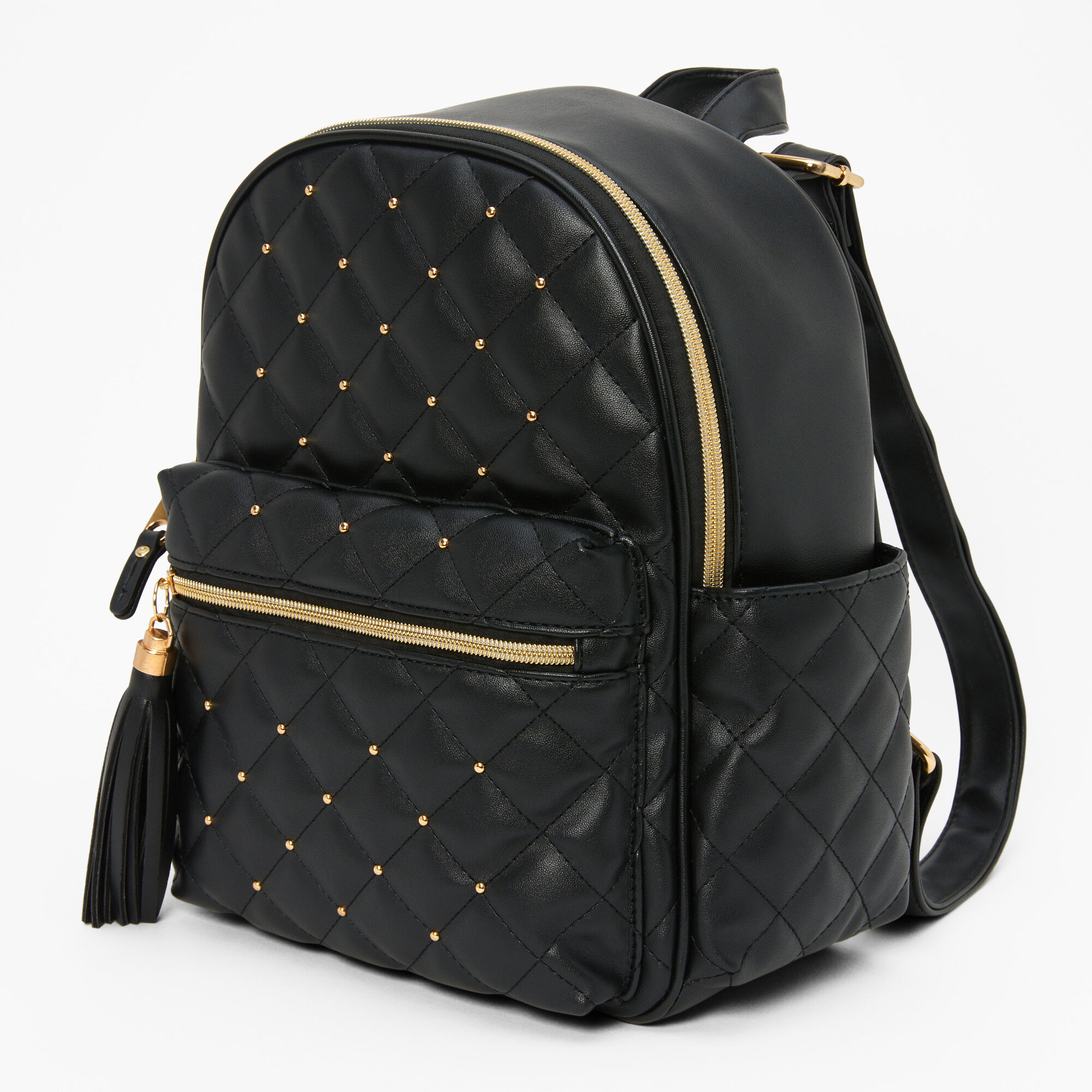View Claires Faux Leather Gold Pearl Studded Mini Backpack Black information