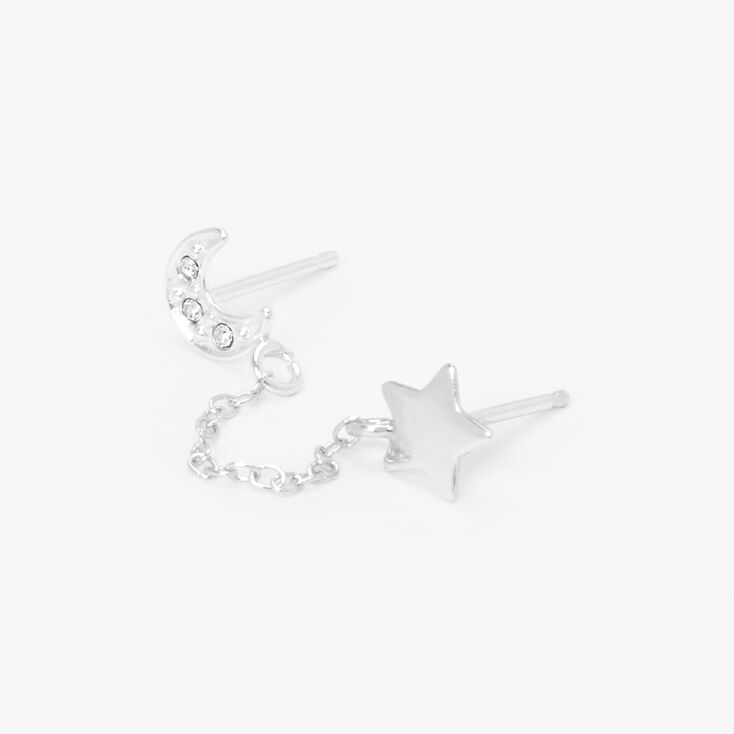 Sterling Silver One Crystal Moon &amp; Star Connector Stud Earring,