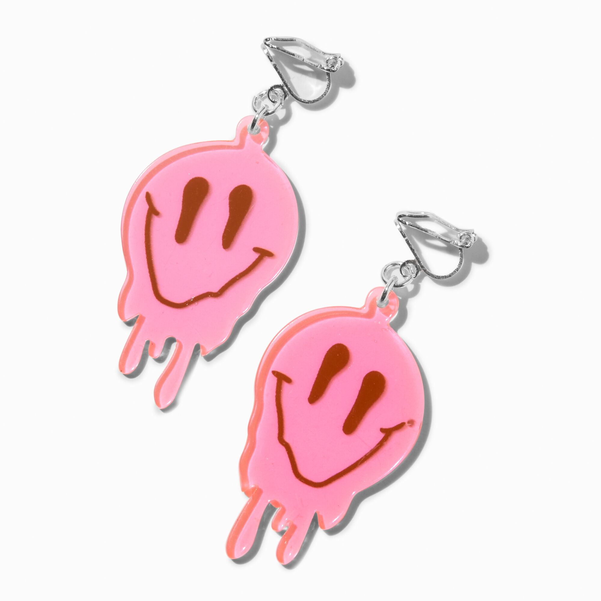 Melting Pink Happy Face 2 Clip On Drop Earrings