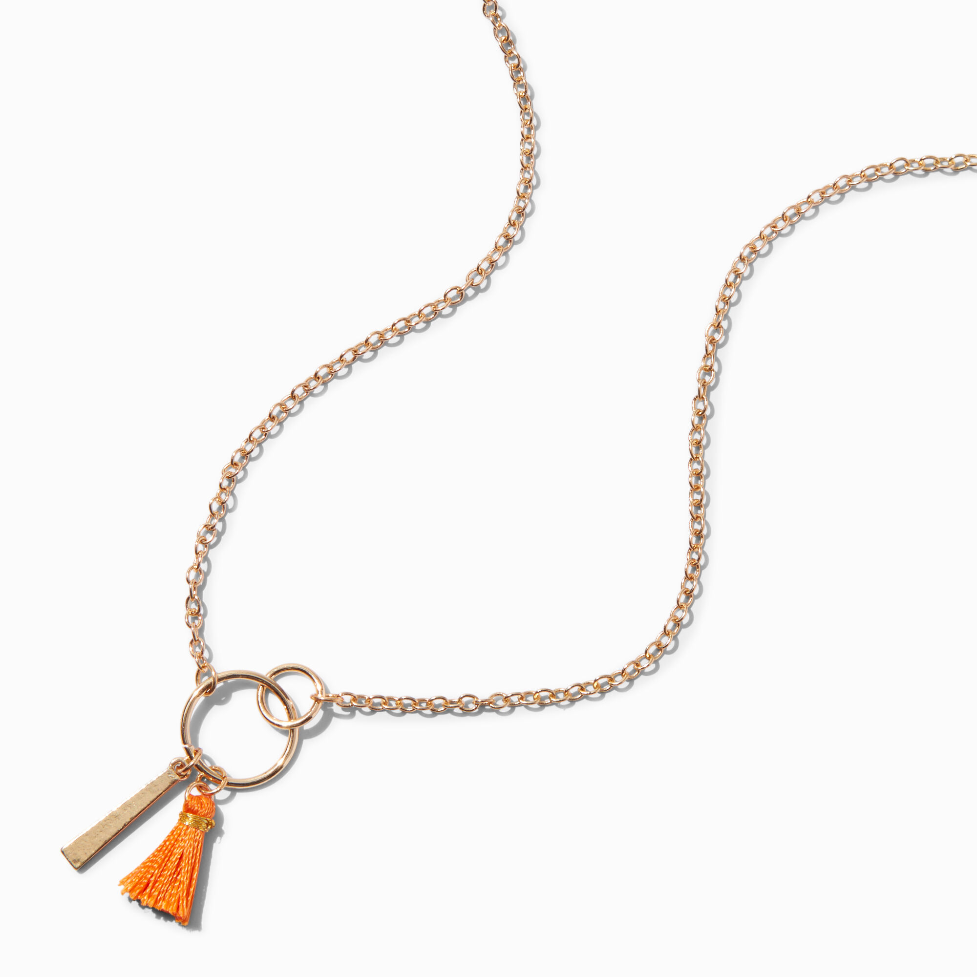 View Claires GoldTone Bar Tassel Pendant Necklace Orange information