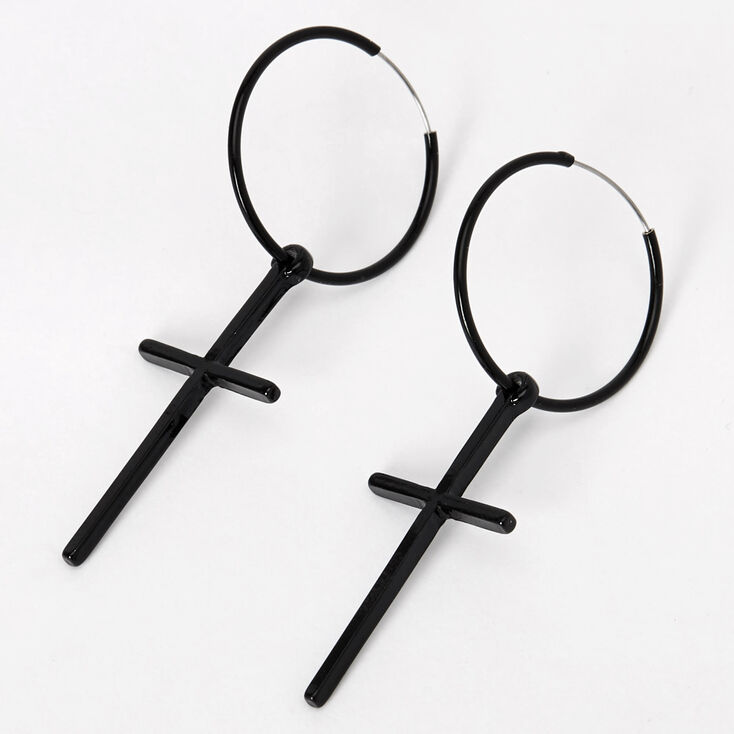 Black 20MM Cross Charm Hoop Earrings,