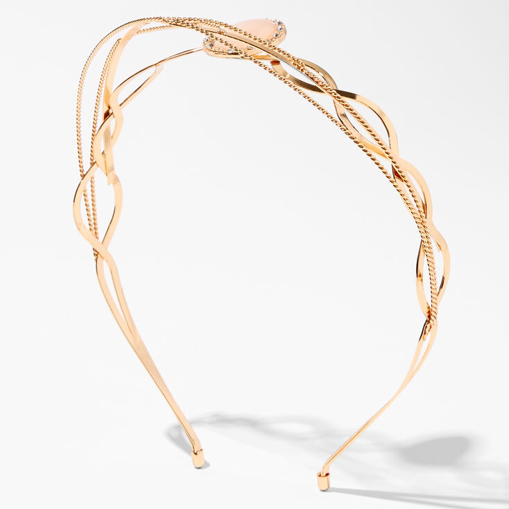 Pink Gemstone Multi Row Gold Metal Headband,