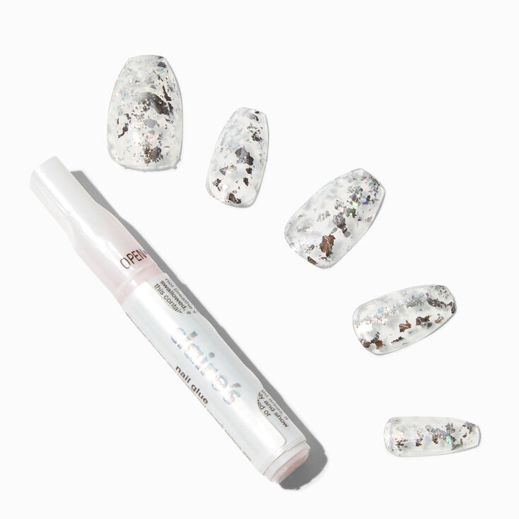 Silver Fleck Coffin Vegan Faux Nail Set - 24 Pack,