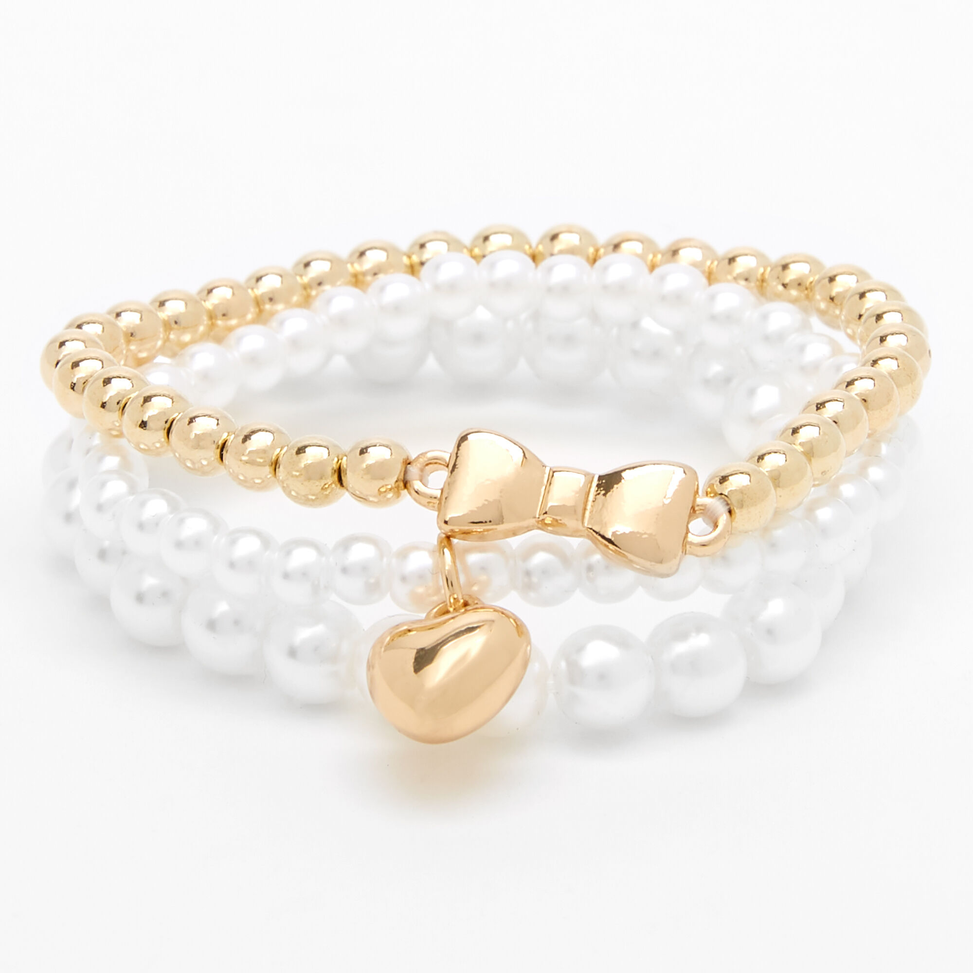 Claire's Club Gold Pearl Heart Stretch Bracelets - 3 Pack,