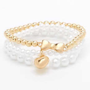 Claire&#39;s Club Gold Pearl Heart Stretch Bracelets - 3 Pack,