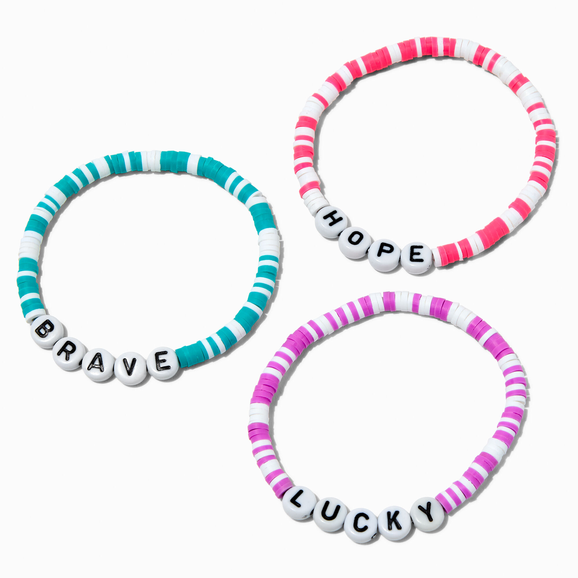 View Claires Club Jewel Tone Fimo Clay Bead Word Stretch Bracelets 3 Pack Rainbow information
