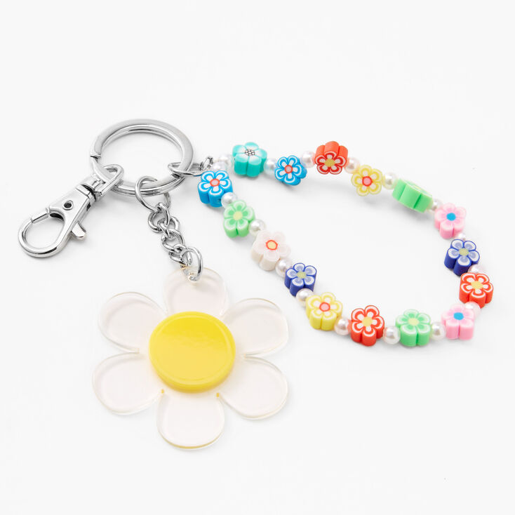 Beaded Daisy &amp; Pearl Wrist Strap Keychain,