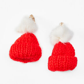 Knit Hat Clip On Drop Earrings - Red,