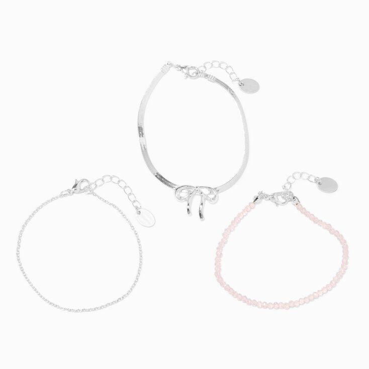 Silver Bow Pink Beaded Chain Bracelets - 3 Pack,
