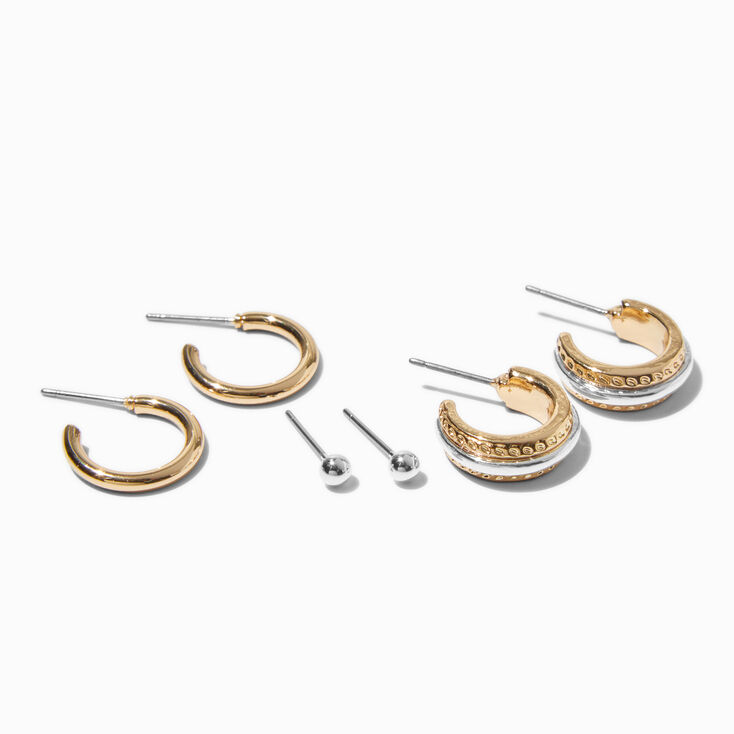 Boucles d&rsquo;oreilles superposables textur&eacute;es en m&eacute;taux mixtes - Lot de 3,