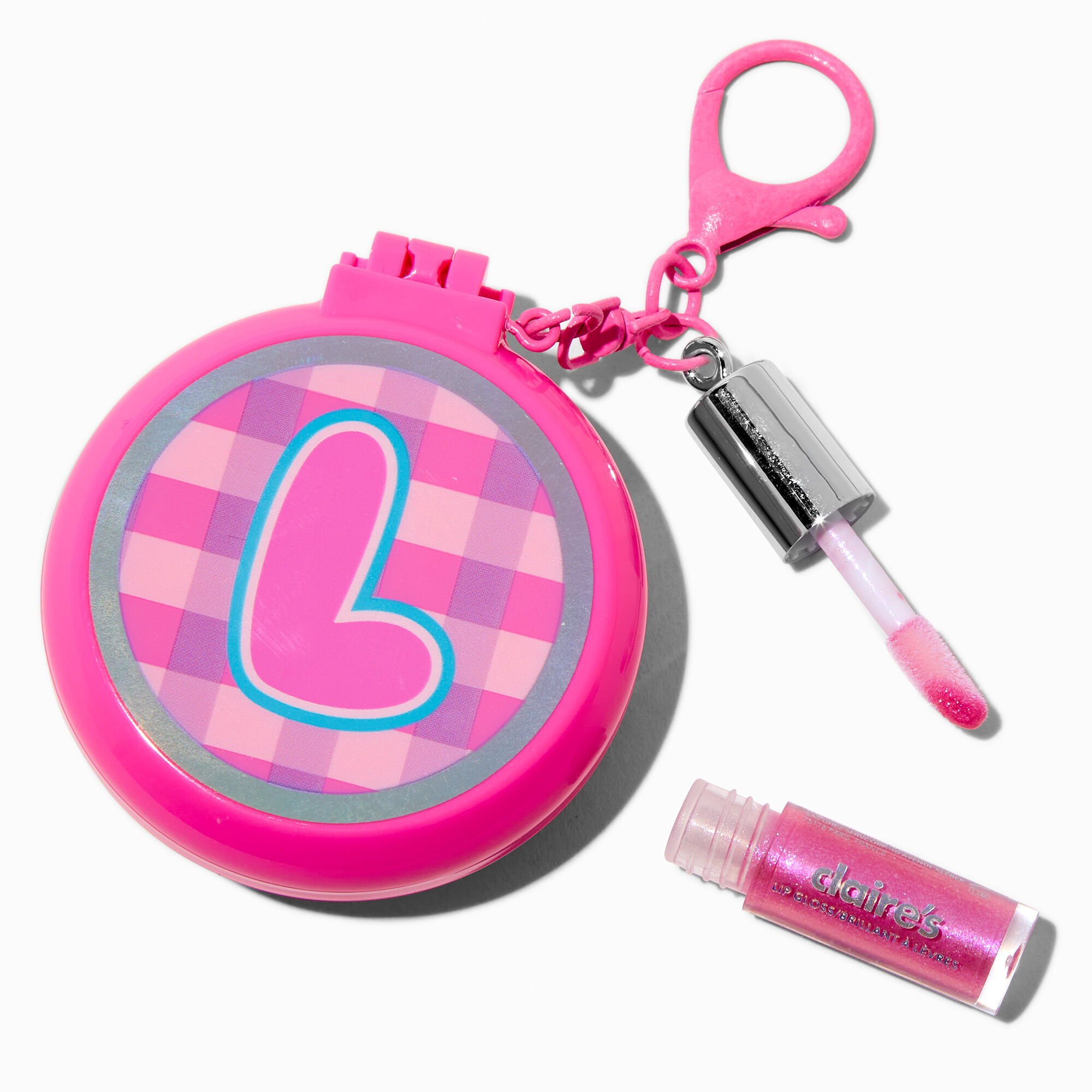 Pink Plaid Initial Hair Brush & Lip Gloss Keychain - L,