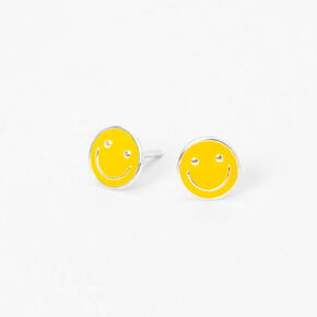 Sterling Silver Happy Face Stud Earrings - Yellow,