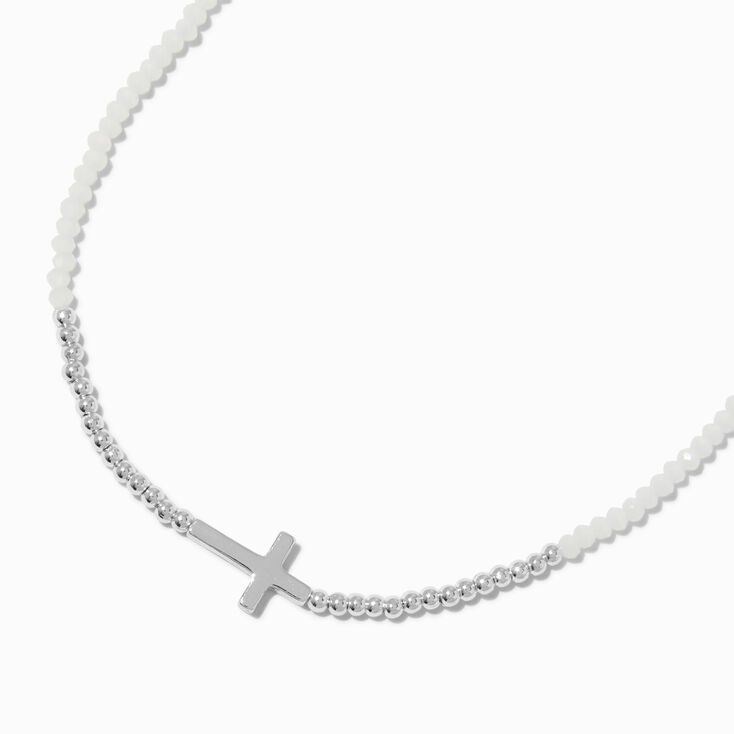 Silver-tone Cross Seed Bead Pendant Necklace,