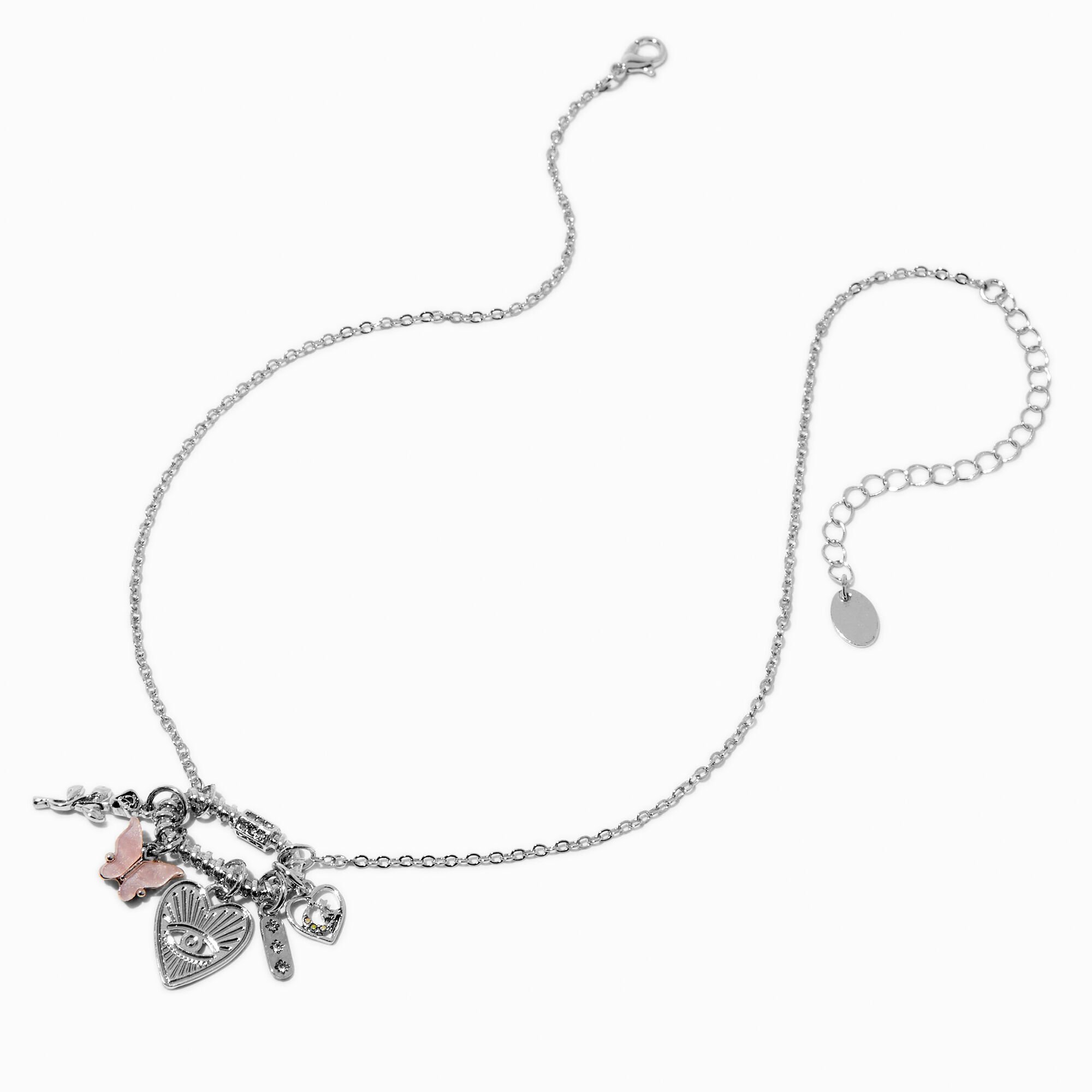 Collier à pendentif breloques mousqueton couleur argentée,