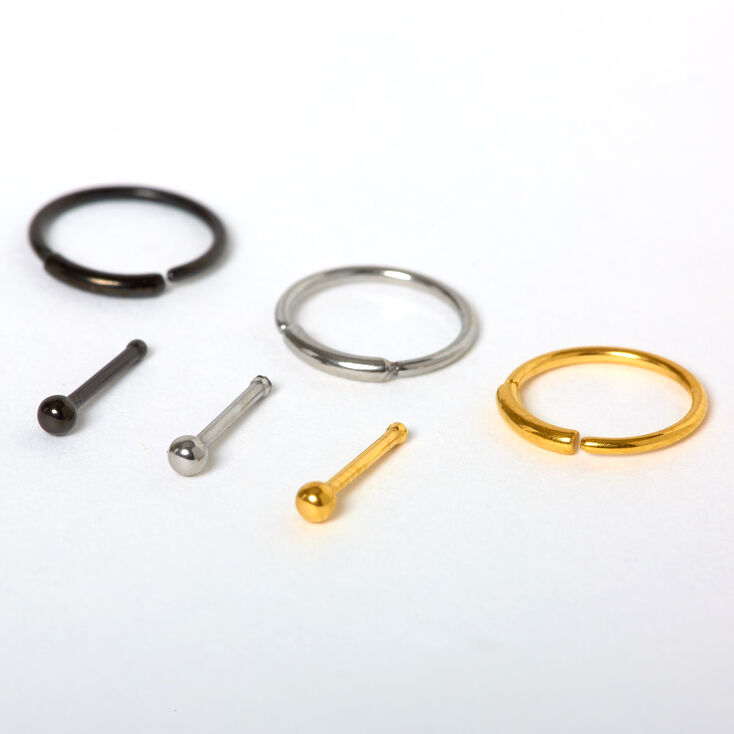 Mixed Metal 20G Stud &amp; Hoop Nose Rings - 6 Pack,