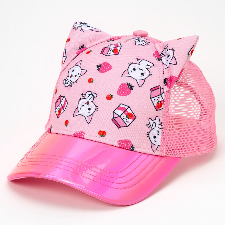 Chibi Strawberry Cat Holographic Pink Baseball Cap,