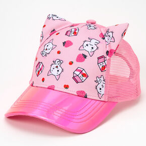 Chibi Strawberry Cat Holographic Pink Baseball Cap,