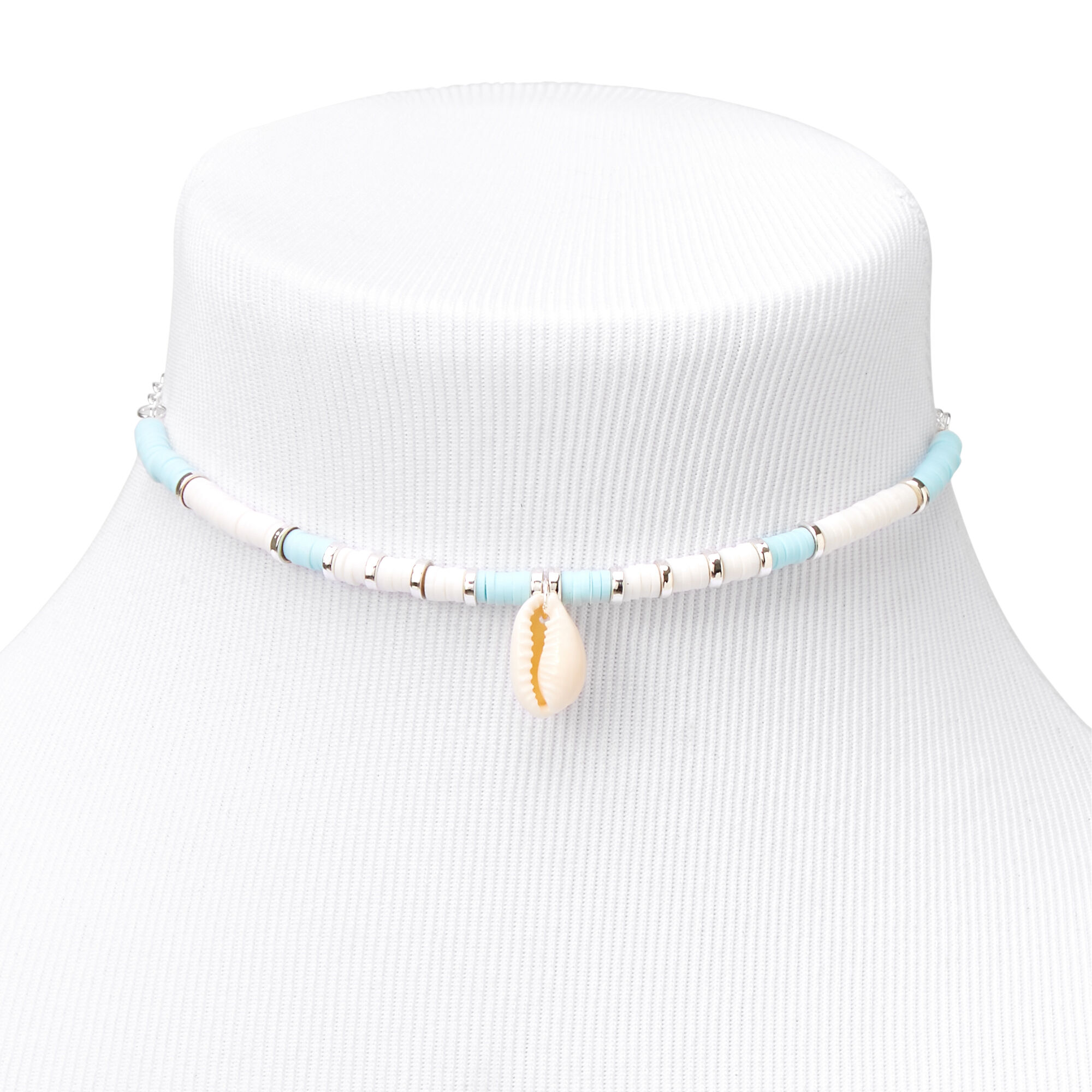 Silver Disc Cowrie Seashell Choker Necklace Blue