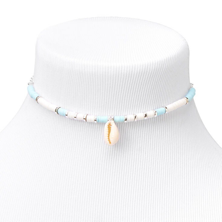 Silver Disc Cowrie Seashell Choker Necklace - Blue,