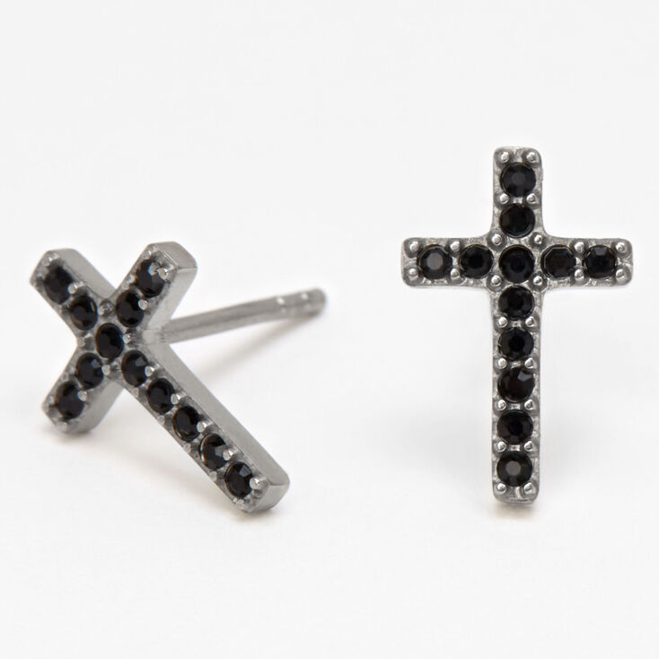 Black &amp; Silver Titanium Crystal Cross Stud Earrings,