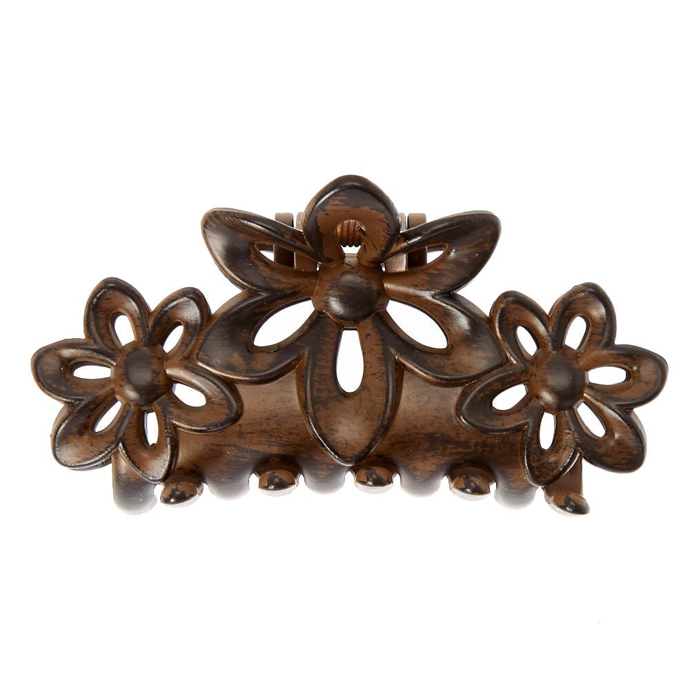 Pince à cheveux avec fleur en bois d'imitation sombre de taille moyenne,
