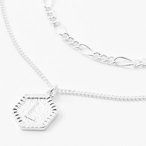 Silver Initial Hexagon Pendant Chain Necklace Set - 2 Pack, L,