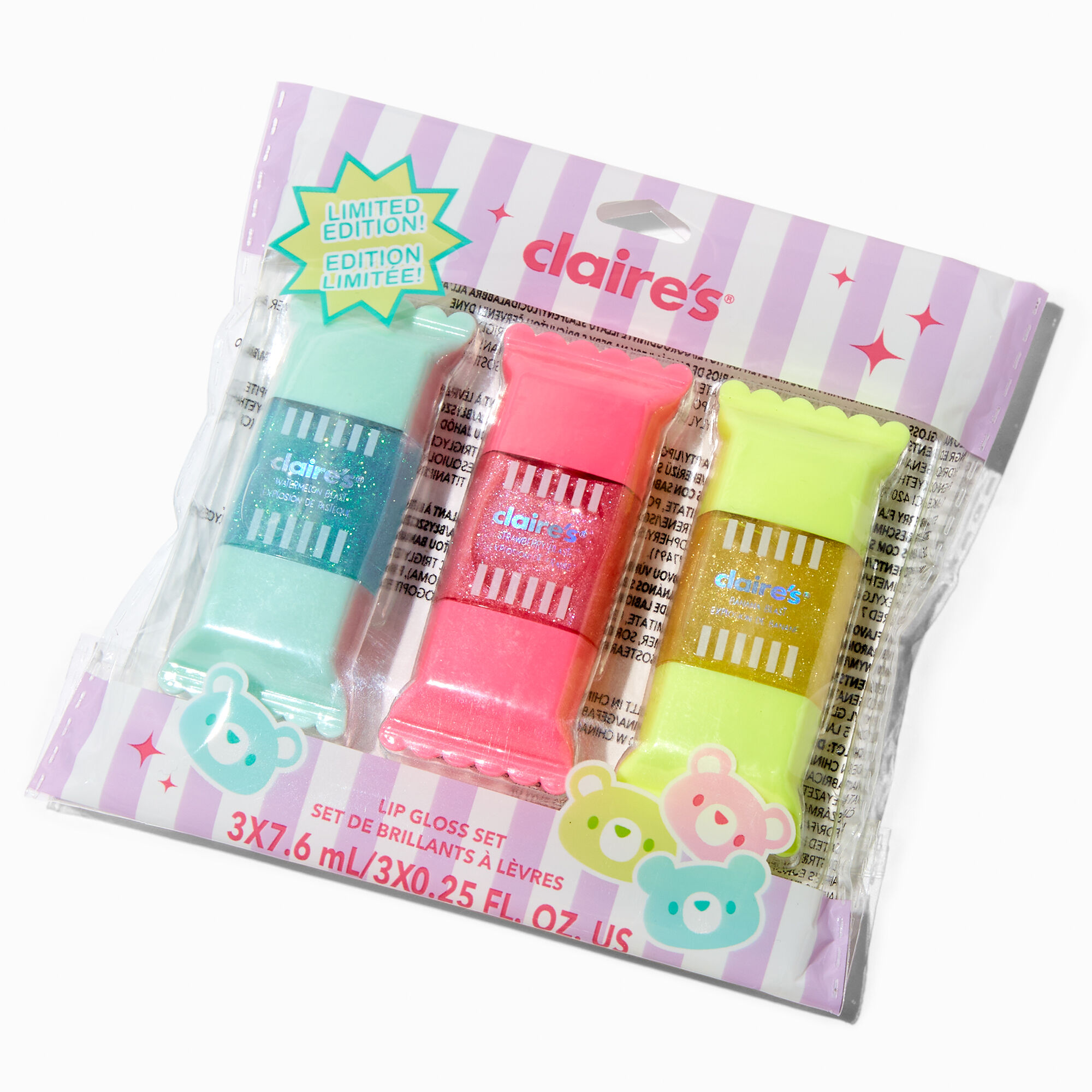 View Claires Bubblegum Candy Limited Edition Lip Gloss Set 3 Pack information