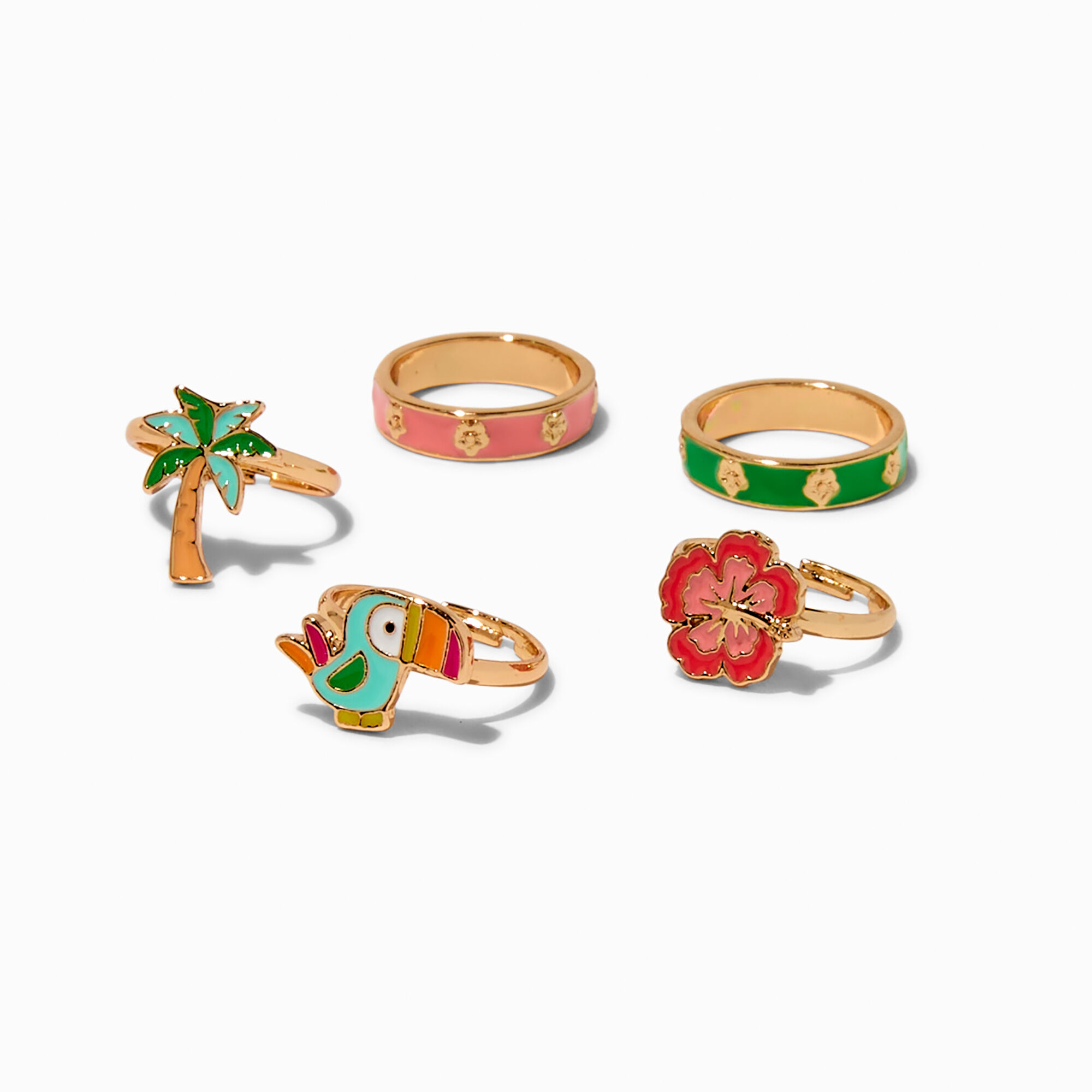 View Claires Club Summer Enamel Tone Rings 5 Pack Gold information