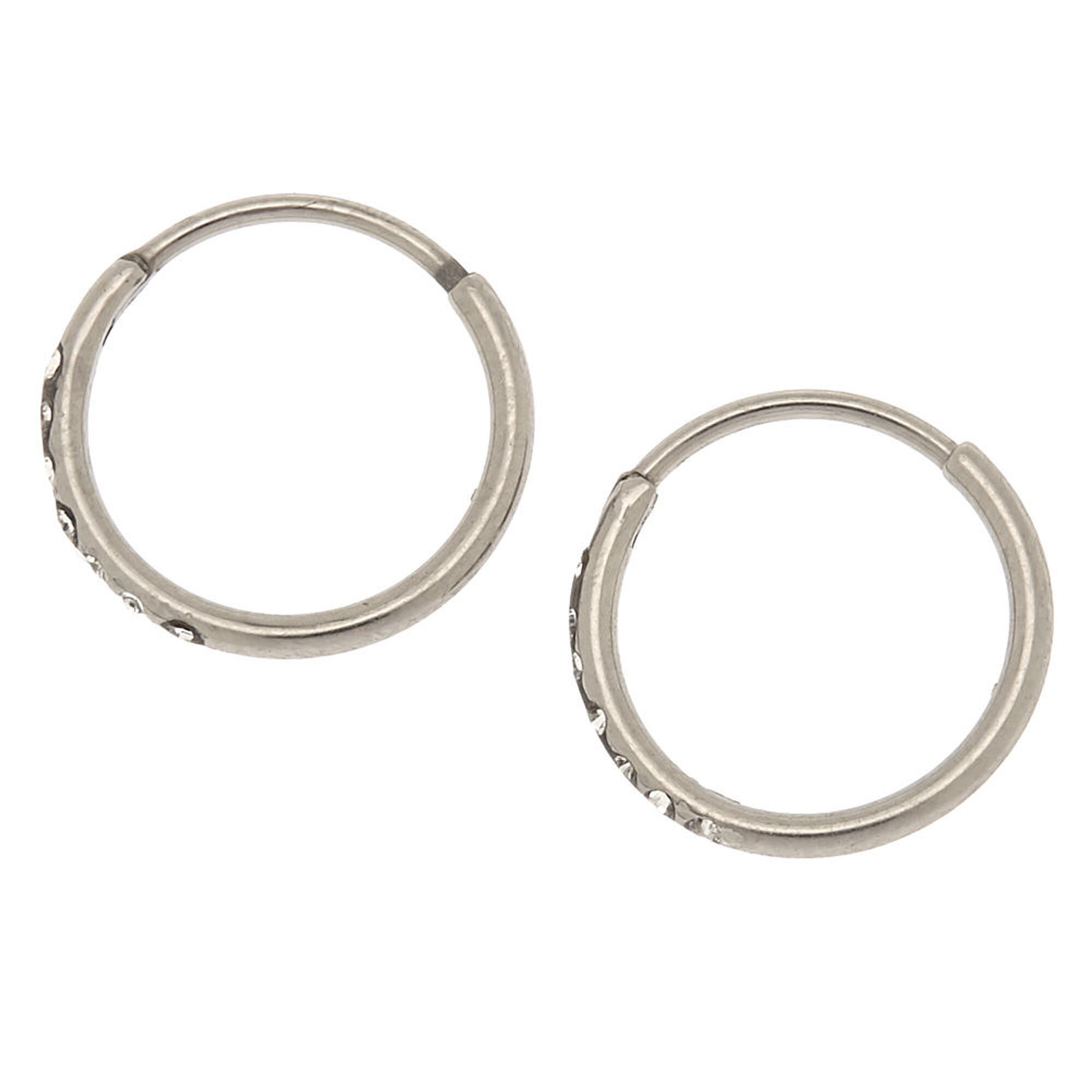 C LUXE by Claire's Silver-tone Titanium 10mm Sleek Crystal Hoop Earrings,