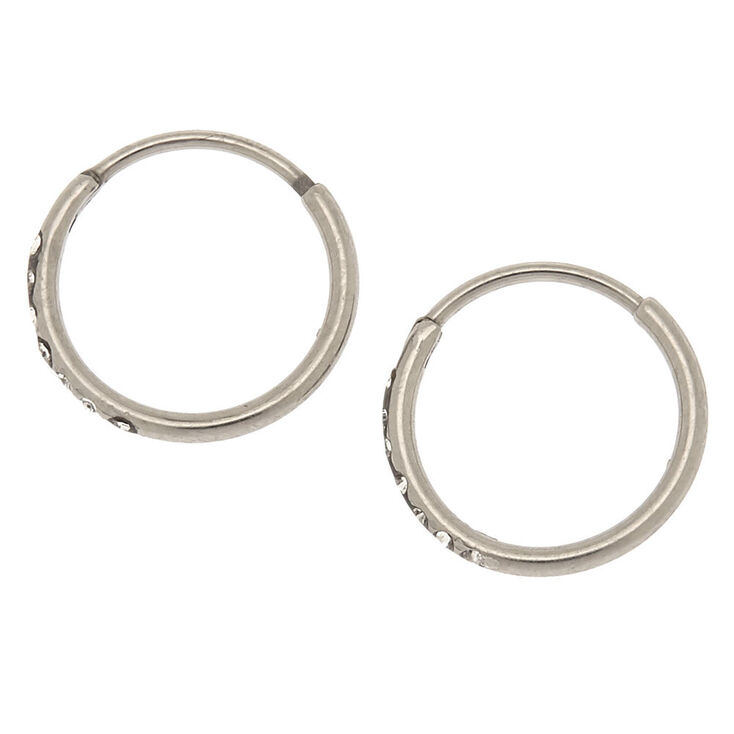 C LUXE by Claire&#39;s Silver-tone Titanium 10mm Sleek Crystal Hoop Earrings,