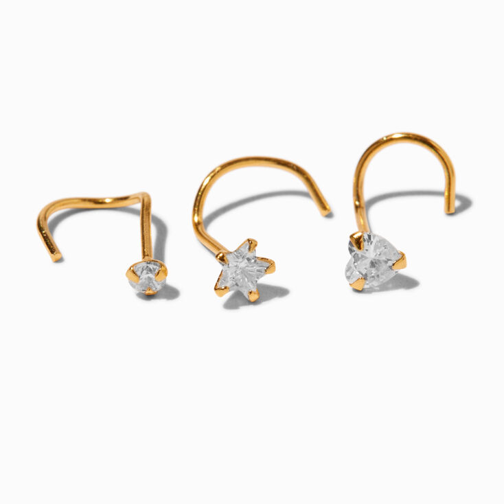 22G Gold-tone Sterling Silver Mixed Crystal Nose Studs - 3 Pack,
