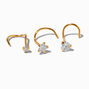 22G Gold-tone Sterling Silver Mixed Crystal Nose Studs - 3 Pack,