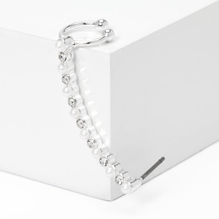 Silver 2" Crystal Pearl Ear Cuff Stud Earring