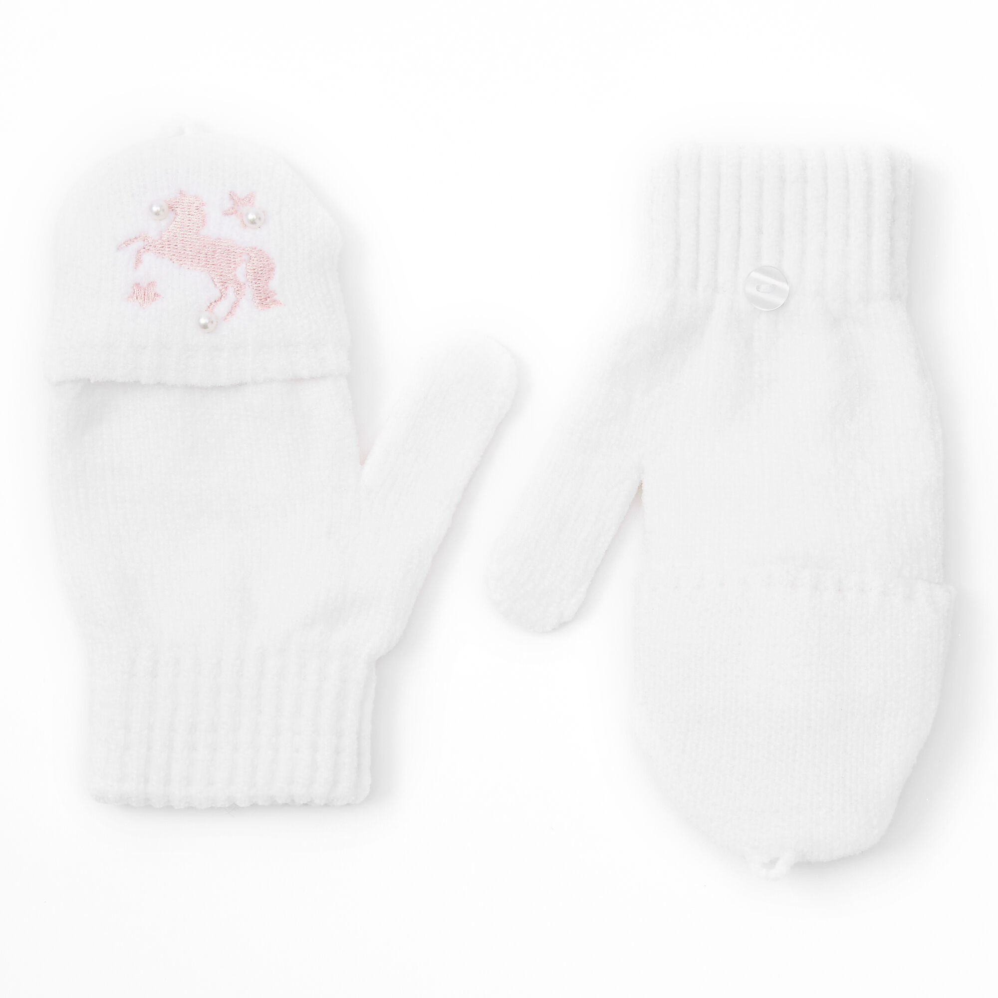Unicorn Fingerless Gloves With Mitten Flap - White,