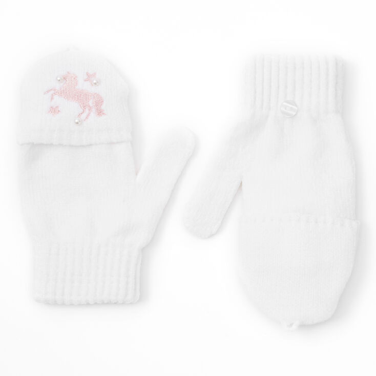 Unicorn Fingerless Gloves With Mitten Flap - White,