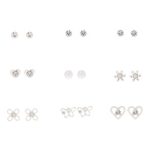 Silver-tone Embellished Spring Mix Stud Earrings - 9 Pack,