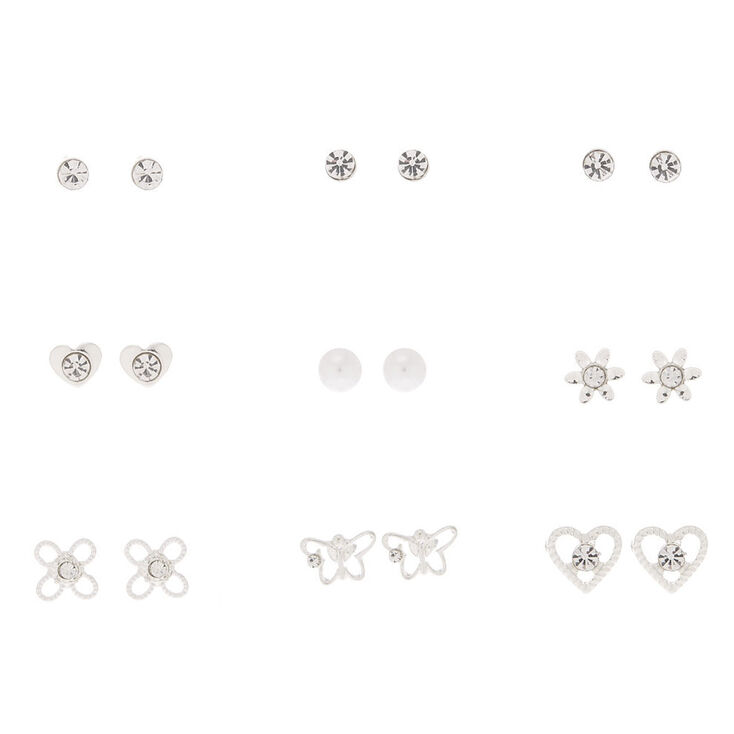 Silver Embellished Spring Mix Stud Earrings - 9 Pack,