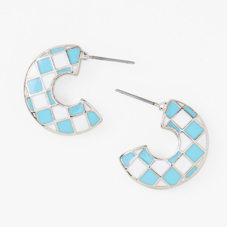 Blue &amp; White 25MM Checkered Hoop Earrings,