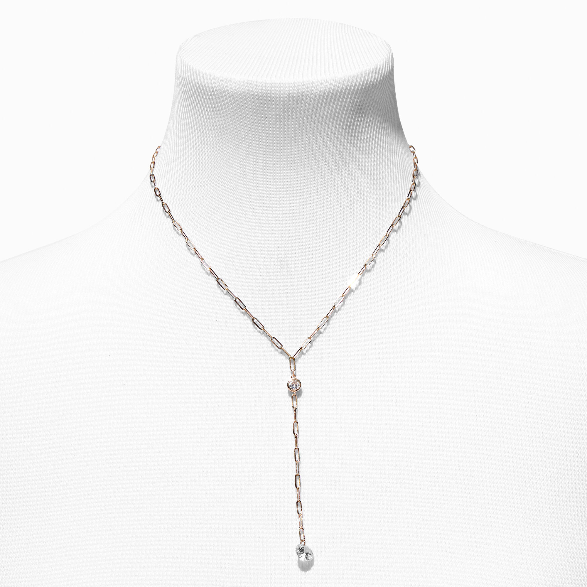 Gold Paperclip Cubic Zirconia Y Neck Necklace Claire s US