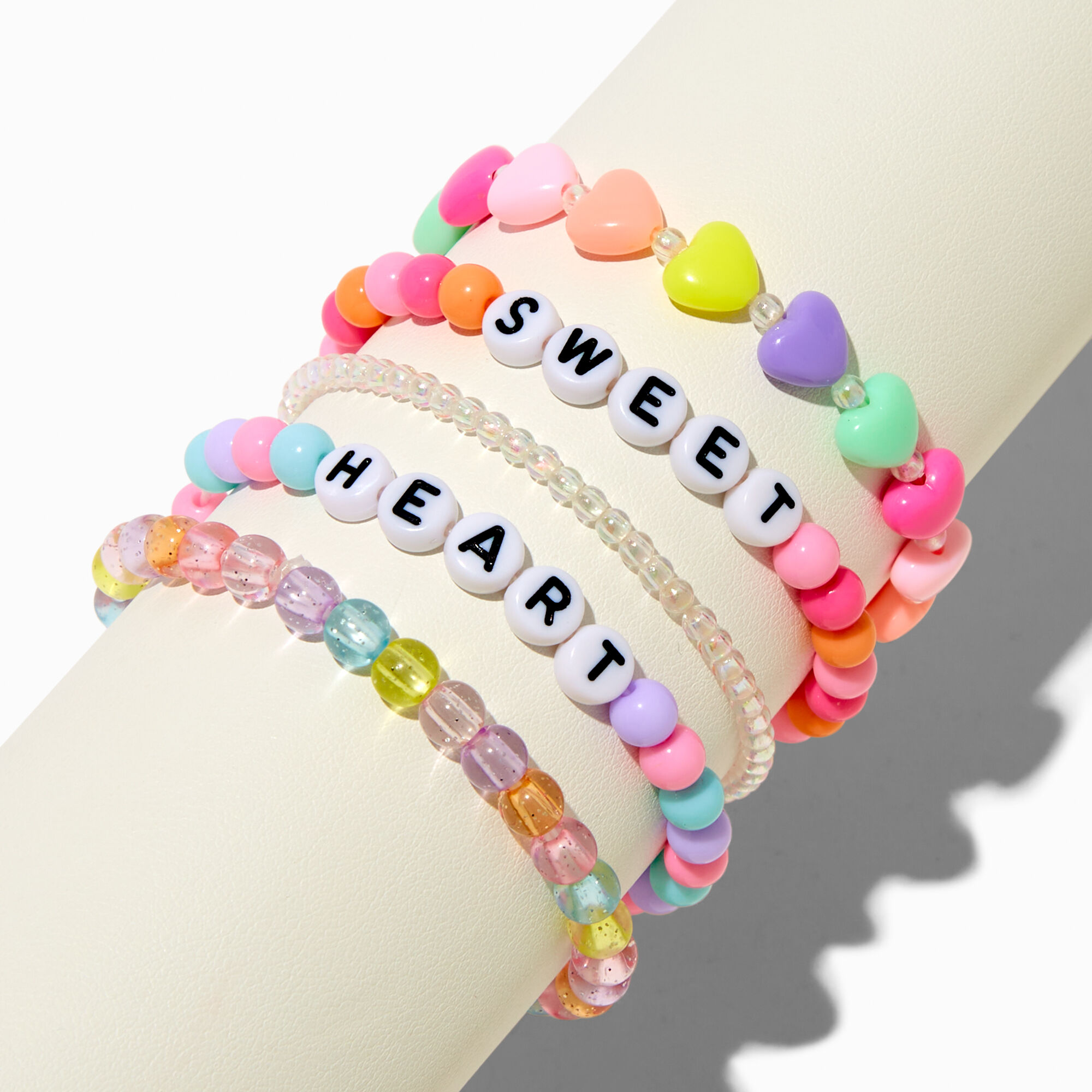 "Heart" & "Sweet" Candy Heart Beaded Stretch Bracelets - 5 Pack,
