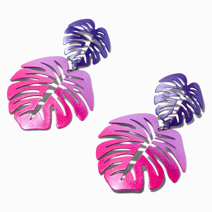 Purple &amp; Pink Monstera Leaf 2.5&quot; Drop Earrings ,
