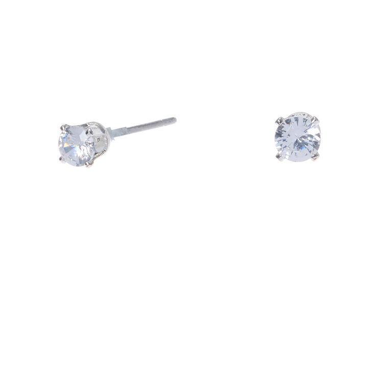 Silver Cubic Zirconia Round Stud Earrings - 4MM,