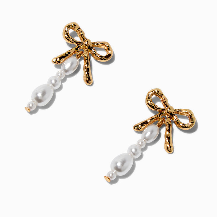 Gold-tone Bow Pearl Drop Earrings,