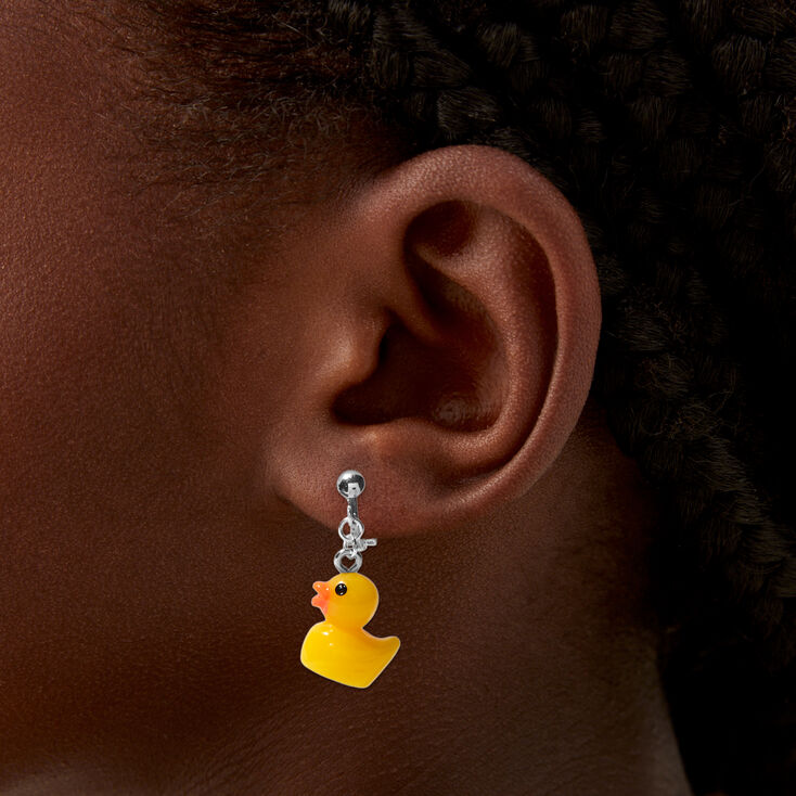 Yellow Rubber Ducky Drop Clip On Earrings,