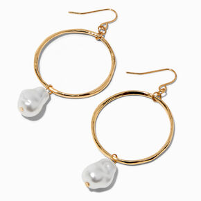 Gold-tone Circle Pearl 3&quot; Drop Earrings,