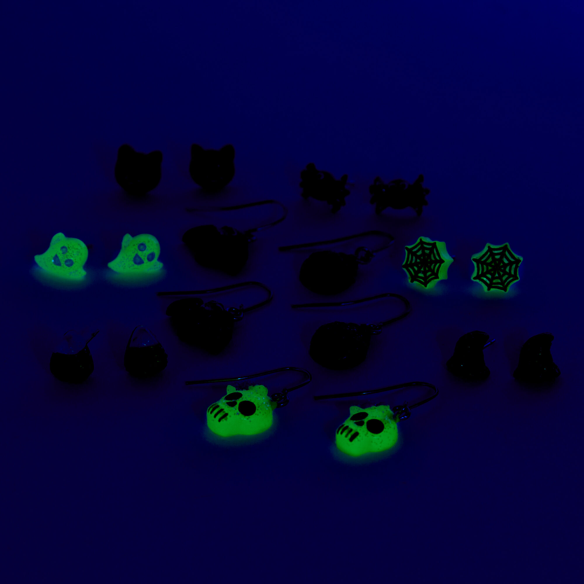 Halloween Glow In The Dark Assorted Earrings with Pumpkins, Cats, Candy Corn & More - 9 Pack,