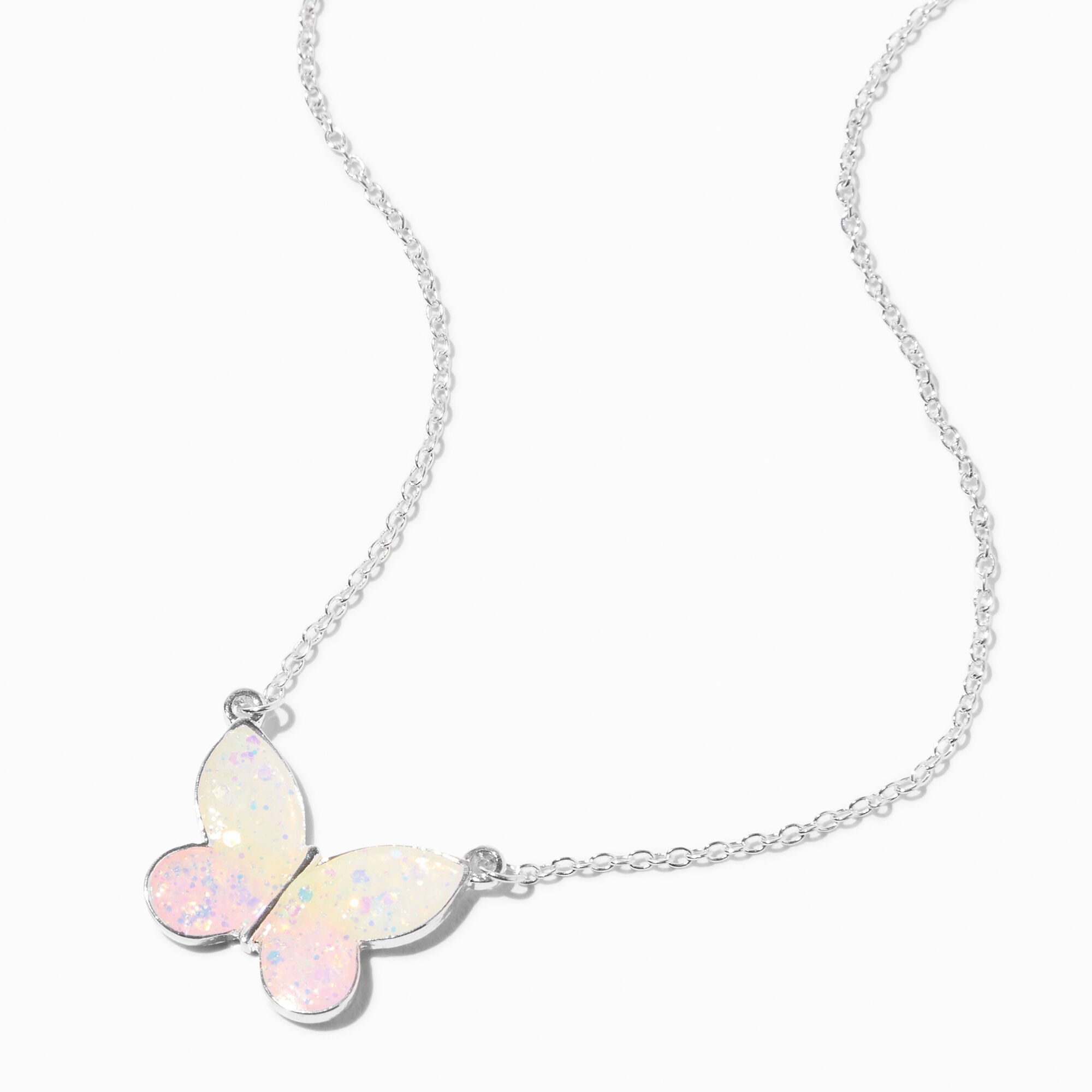 View Claires Tone Uv ColorChanging Butterfly Pendant Necklace Silver information